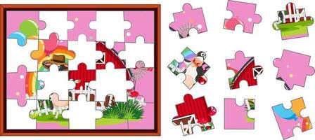 Cow farm photo jigsaw puzzle game template vector