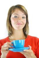 girl with blue coffe cup photo