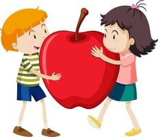 dos niños abrazando una manzana juntos vector