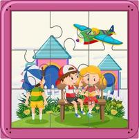 Kids photo jigsaw puzzle game template vector