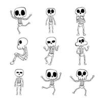 Vector illustration set of Halloween Skeleton cartoon line on white background.