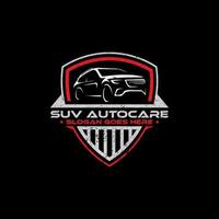 Diseños de escudos de logotipos de cuidado de automóviles suv, logotipo retro vintage para modificación de automóviles o automóviles vector