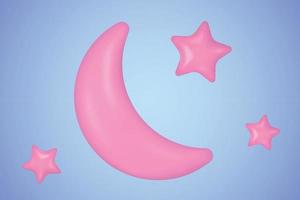 Night, pink moon and stars. Cute weather realistic icon. 3d cartoon vector illustration