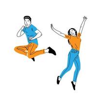 illustration of woman and man jumping happily vector