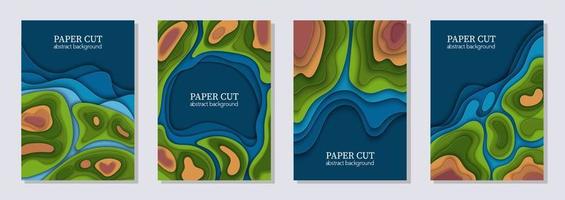 Vertical vector set of 4 blue green flyers with paper cut waves shapes, world earth map, ecology. 3D abstract art, design layout for presentations, flyers, posters, prints, decoration, cards, brochure