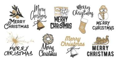 Vector engraved style illustrations with typography for posters, decoration and print. Hand drawn sketch set Christmas and New Year holiday on white background. Detailed vintage etching drawing.