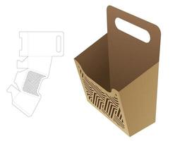 Cardboard snack handle container box with stenciled striped pattern die cut template and 3D mockup vector