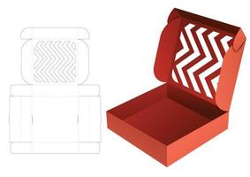 Pizza box with stenciled zig zag shaped window die cut template and 3D mockup vector