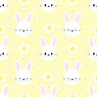 Seamless pattern of cute rabbits on yellow background with flowers. Vector. vector