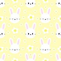 Seamless pattern of cute rabbits on yellow background with flowers. Vector. vector