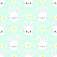 Seamless pattern of cute rabbits on a green background with flowers. Vector. vector