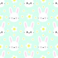 Seamless pattern of cute rabbits on a green background with flowers. Vector. vector