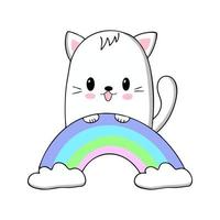 Cute kawaii cat with rainbow. Vector illustration.