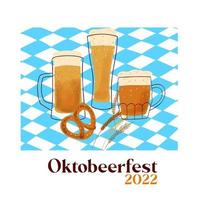 Octobeerfest illustration with stylized beer mugs and pretzel snacks on blue background vector