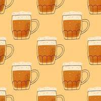 patrón de costuras con ilustraciones estilizadas jarras de cerveza sobre fondo amarillo vector