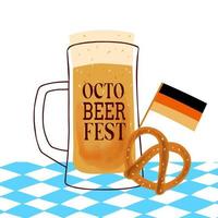 ilustración de octobeerfest con taza estilizada de cerveza y bocadillo de pretzel sobre fondo azul vector