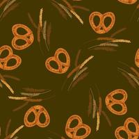 Seamless pattern with ears of wheat and pretzel illustration on brown background vector