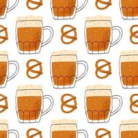patrón sin costuras con taza de ilustración estilizada de cerveza y bocadillo de pretzel sobre fondo blanco vector