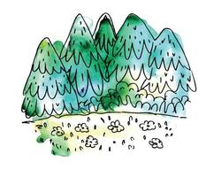 Hand Drawn Watercolor Illustration of a Forest Landscape with Black Ink Graphic Line vector