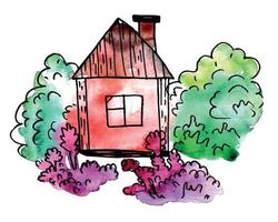 acuarela dibujada a mano y línea de tinta ilustración de una linda casa de campo con arbustos y flores de jardín vector
