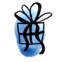 Hand Drawn Illustration of Christmas Gift Box with Bow on Blue Watercolor Stain vector