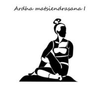 dibujo de línea continua. mujer joven haciendo ejercicio de yoga, imagen de silueta. ilustración en blanco y negro dibujada en una línea. ardha matsiendrasana y postura de yoga vector
