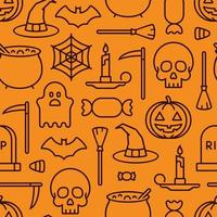 Halloween seamless pattern of line icons on orange background vector
