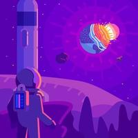 Astronaut On A Planet Watching Earth Destroyed By A Big Asteroid Flat Illustration vector