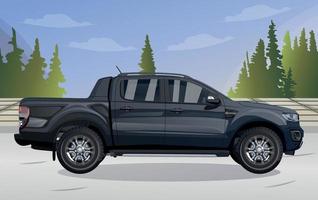 black pickup truck ,on the road , Side View