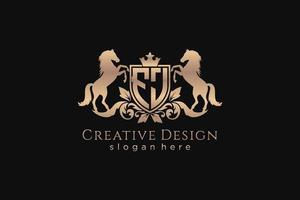 initial FJ Retro golden crest with shield and two horses, badge template with scrolls and royal crown - perfect for luxurious branding projects vector