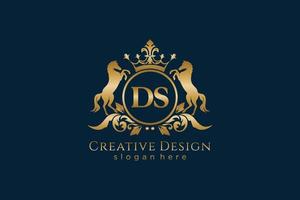 initial DS Retro golden crest with circle and two horses, badge template with scrolls and royal crown - perfect for luxurious branding projects vector