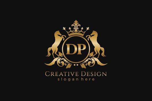 initial DP Retro golden crest with circle and two horses, badge template with scrolls and royal crown - perfect for luxurious branding projects vector
