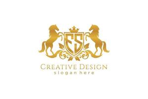 initial FS Retro golden crest with shield and two horses, badge template with scrolls and royal crown - perfect for luxurious branding projects vector