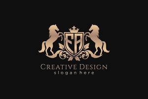 initial FA Retro golden crest with shield and two horses, badge template with scrolls and royal crown - perfect for luxurious branding projects vector