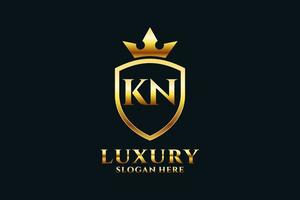 initial KN elegant luxury monogram logo or badge template with scrolls and royal crown - perfect for luxurious branding projects vector