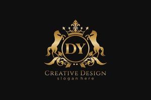 initial DY Retro golden crest with circle and two horses, badge template with scrolls and royal crown - perfect for luxurious branding projects vector