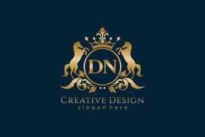 initial DN Retro golden crest with circle and two horses, badge template with scrolls and royal crown - perfect for luxurious branding projects vector