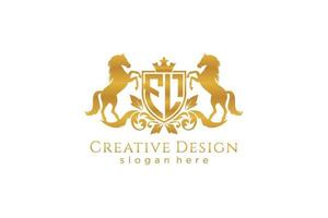 initial FL Retro golden crest with shield and two horses, badge template with scrolls and royal crown - perfect for luxurious branding projects vector