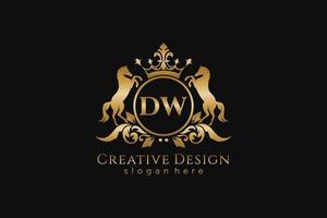 initial DW Retro golden crest with circle and two horses, badge template with scrolls and royal crown - perfect for luxurious branding projects vector