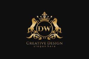 initial DW Retro golden crest with circle and two horses, badge template with scrolls and royal crown - perfect for luxurious branding projects vector