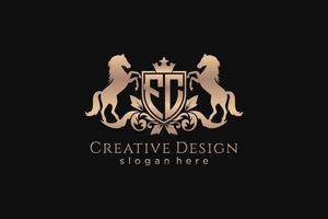 initial FC Retro golden crest with shield and two horses, badge template with scrolls and royal crown - perfect for luxurious branding projects vector