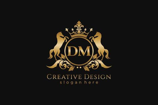 initial DM Retro golden crest with circle and two horses, badge template with scrolls and royal crown - perfect for luxurious branding projects vector