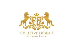 initial FB Retro golden crest with shield and two horses, badge template with scrolls and royal crown - perfect for luxurious branding projects vector