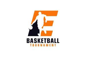 Letter E with Basketball Logo Design. Vector Design Template Elements for Sport Team or Corporate Identity.