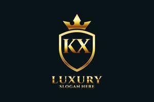 initial KX elegant luxury monogram logo or badge template with scrolls and royal crown - perfect for luxurious branding projects vector