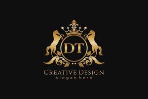 initial DT Retro golden crest with circle and two horses, badge template with scrolls and royal crown - perfect for luxurious branding projects vector