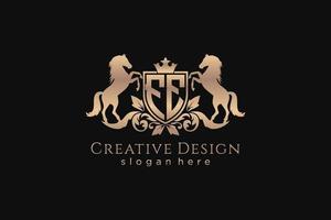 initial FE Retro golden crest with shield and two horses, badge template with scrolls and royal crown - perfect for luxurious branding projects vector