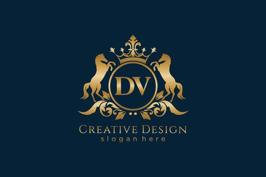 initial DV Retro golden crest with circle and two horses, badge template with scrolls and royal crown - perfect for luxurious branding projects vector