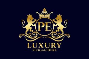 Initial PE Letter Lion Royal Luxury Logo template in vector art for luxurious branding projects and other vector illustration.