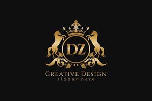 initial DZ Retro golden crest with circle and two horses, badge template with scrolls and royal crown - perfect for luxurious branding projects vector